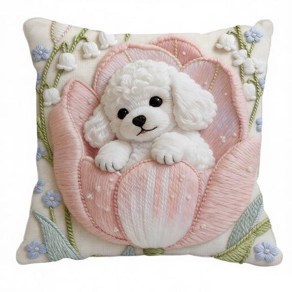 Adorable Dog Embroidered Cushion Cover Set, Spring Festival Farmhouse Pillow Cases for Sofa Bedding Decor, Rustic Embroidered Throw Pillow Covers for Couch Living Room