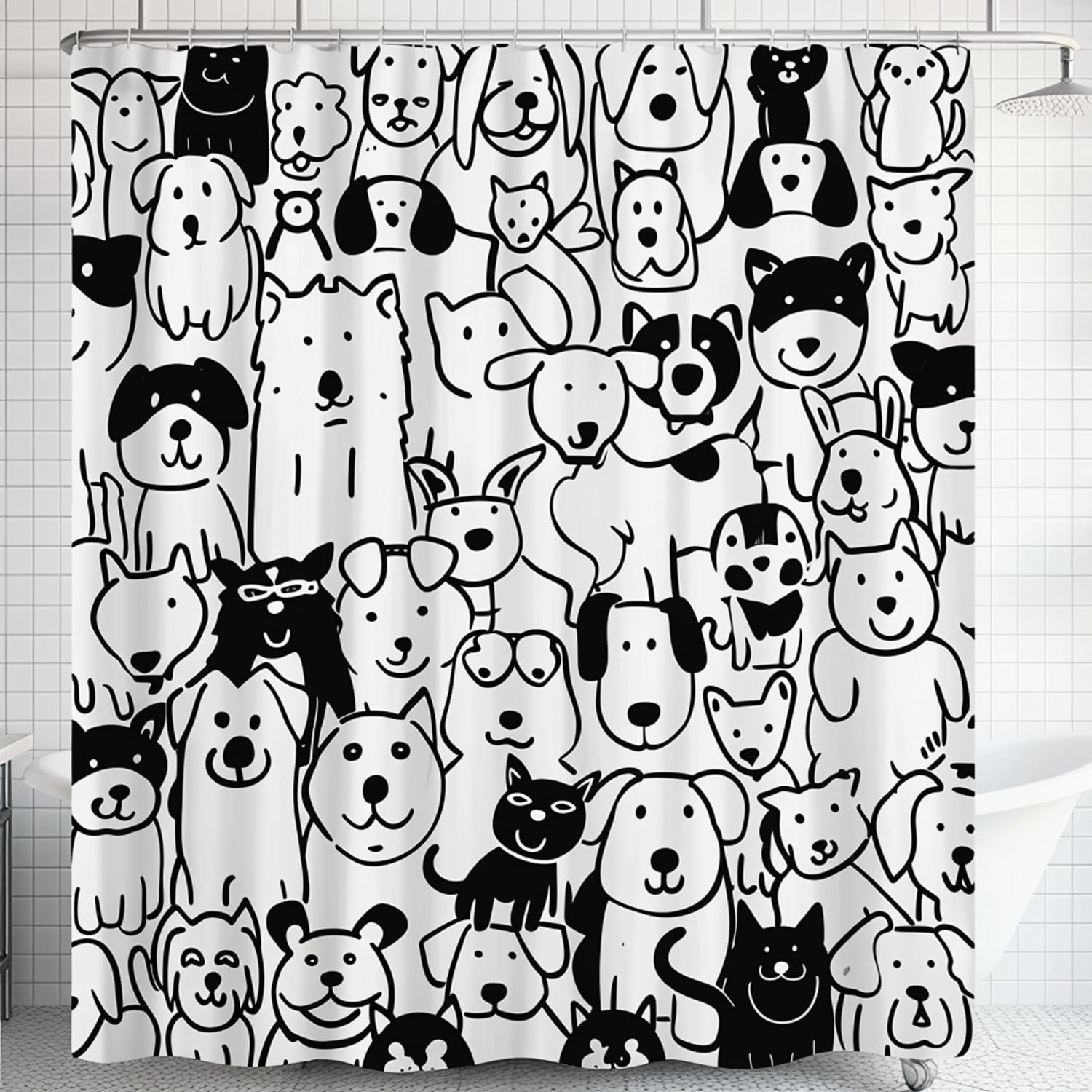 Adorable Dogs and Cats Cartoon Doodle Shower Curtain Fun and Friendly ...