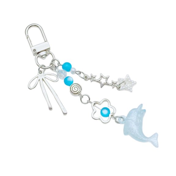 Adorable Dolphin and Bowknot Heart Keyring Stylish Beaded Keyring Pendant Versatile Charm for Bags Elegant Key Adornment