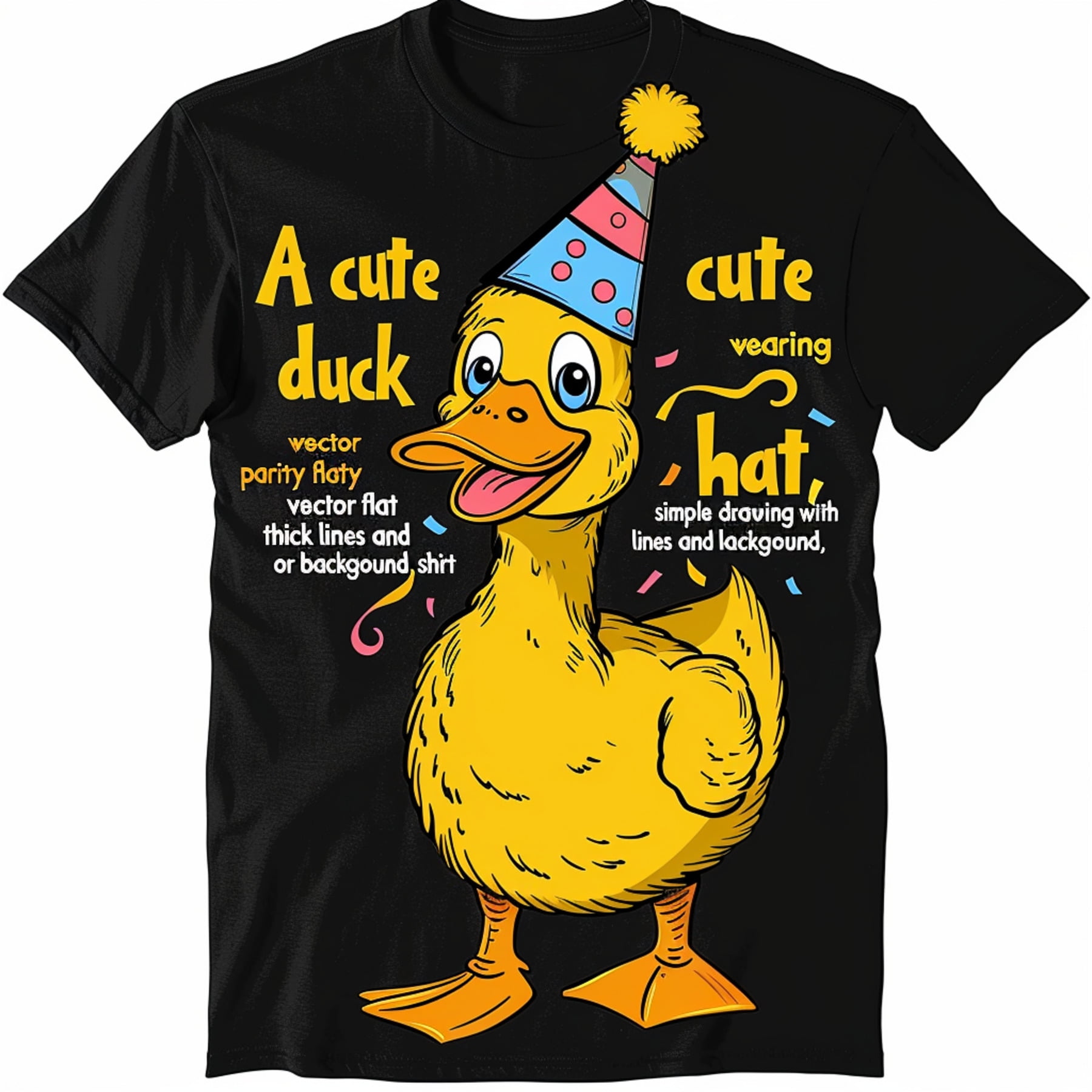 Adorable Duck in Party Hat Cartoon Design Black TShirt for Men and ...