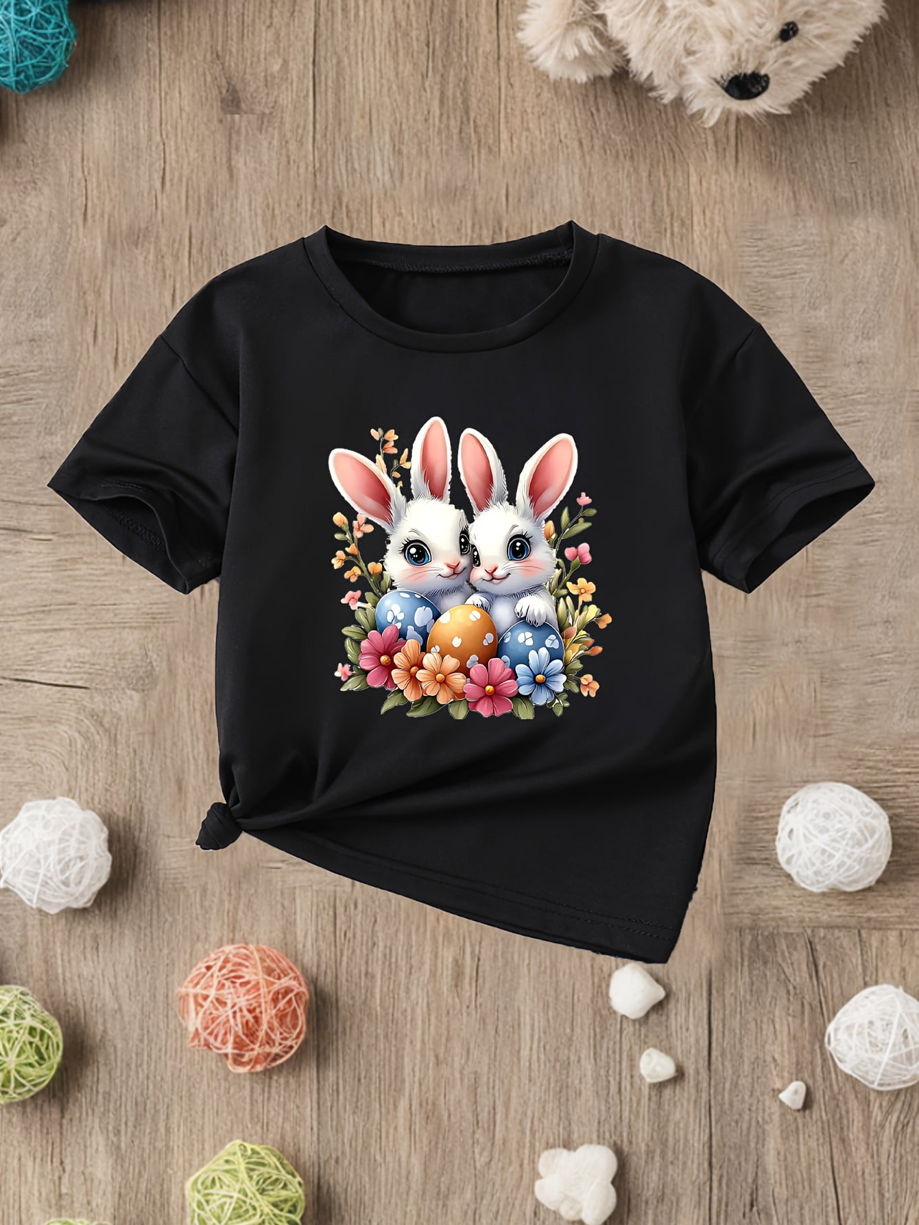 Adorable Easter Bunny Cartoon Black T-Shirt for Girls - Soft Cotton ...