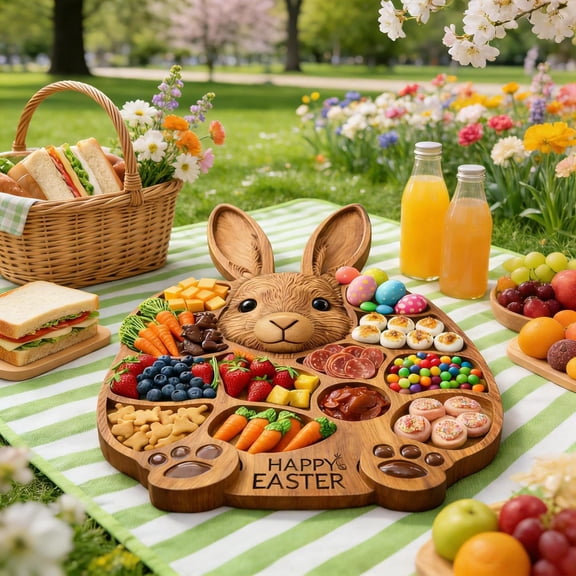 Adorable Easter Bunny Wooden Charcuterie Tray, Sturdy Wood Serving Platter for Appetizers and Desserts, Festive Party Table Decor for Holiday Gatherings and Picnics