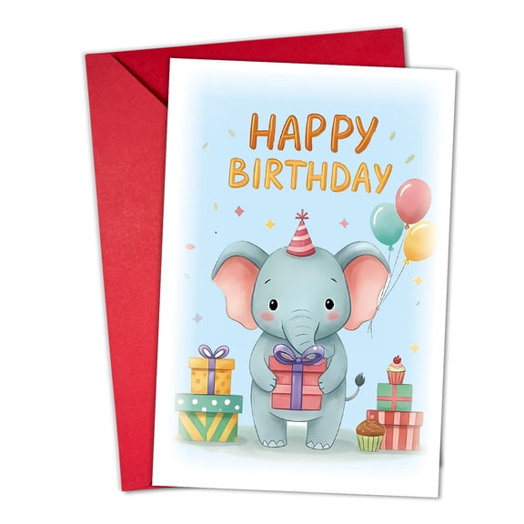 Adorable Elephant Birthday Card Cute Happy Birthday Greeting with Party Theme Envelope Included, Blank Inside Perfect for Kids and Animal Lovers