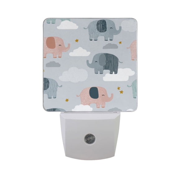 Adorable Elephants with Stars Clouds LED Night Light Sensor Lamp Plug-in Adjustable Brightness 2 Pack