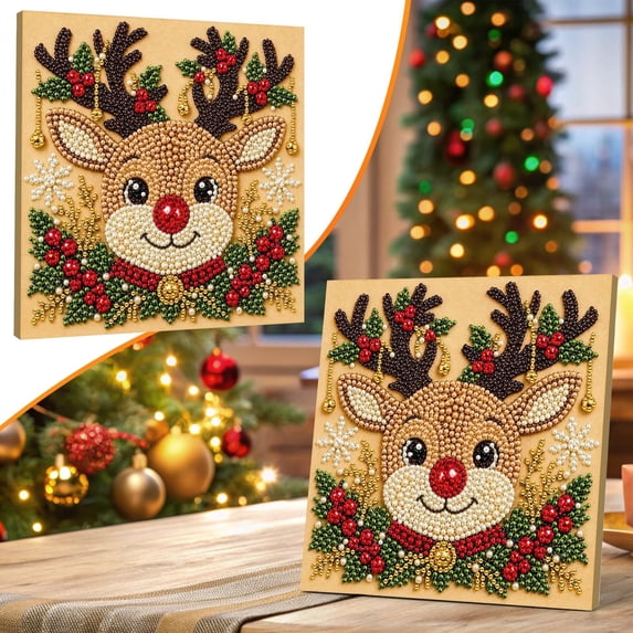 Adorable Elk Gem Art Kit, DIY Bead Mosaic with Wooden Frame, Christmas Rhinestone Craft Painting, Fun Holiday Decor Set for Kids & Adults, Brown, 1 Pack