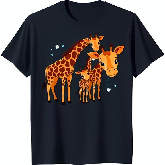 Adorable Family of Giraffes Graphic on Black T-Shirt for Animal Lovers