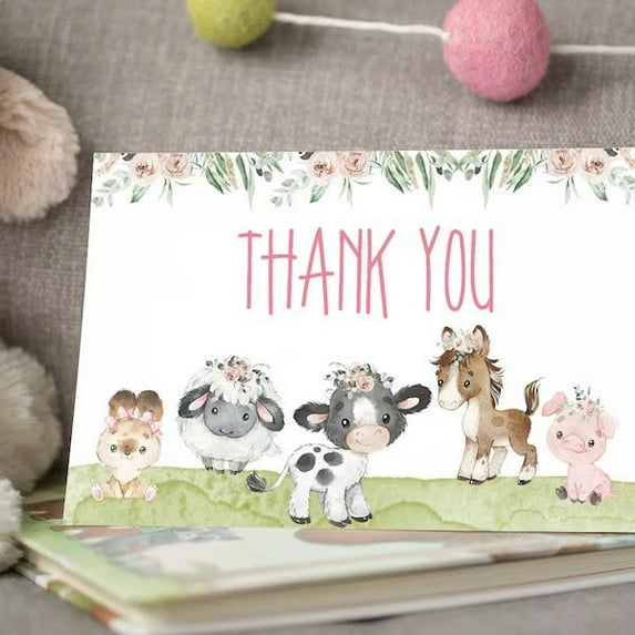 Adorable Farm Animals Thank You Cards – Set of 10 – Cute Floral Design – Perfect for Kids' Birthdays, Baby Showers, and Everyday Gratitude