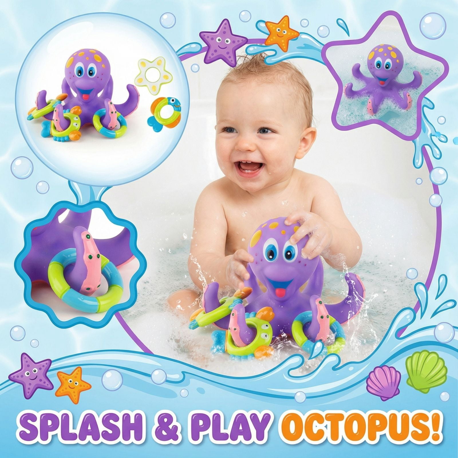 Adorable Floating Octopus Squirter Kids Bathroom Water Play Toy, Toddler Shower Time Distraction Interactive Water Table Play, Non Toxic BPA Free Smooth Floating Sensory Games For Babies