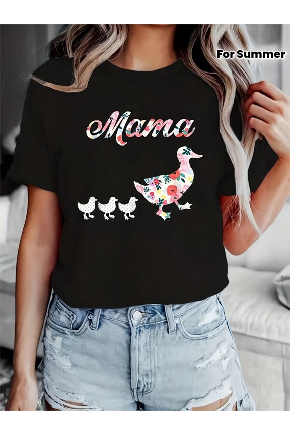 Adorable Floral Mama Duck & Ducklings Graphic T-Shirt, Women's Cute Spring Summer Short Sleeve Casual Tee, Perfect Gift for Moms