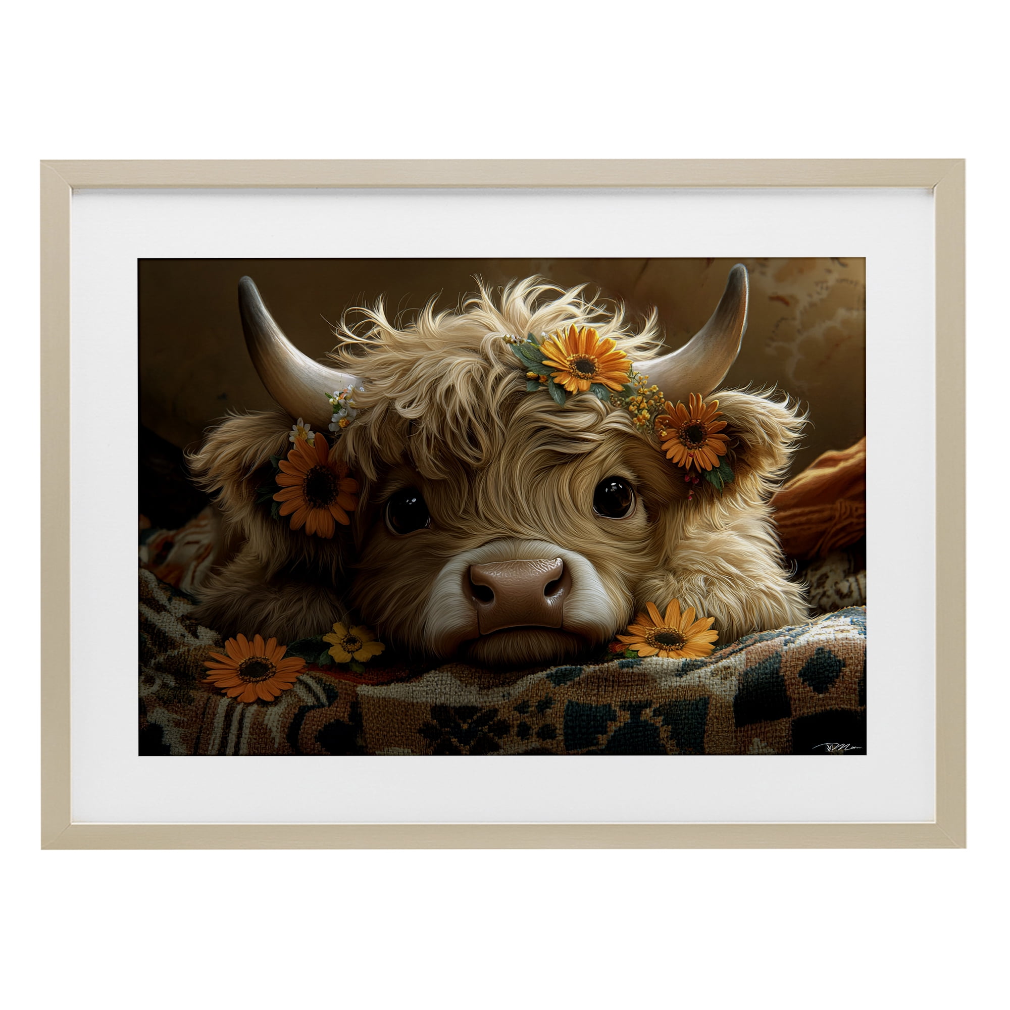 Adorable Flower Bedecked Cattle Birch Framed Print Under Glass, design by Momart