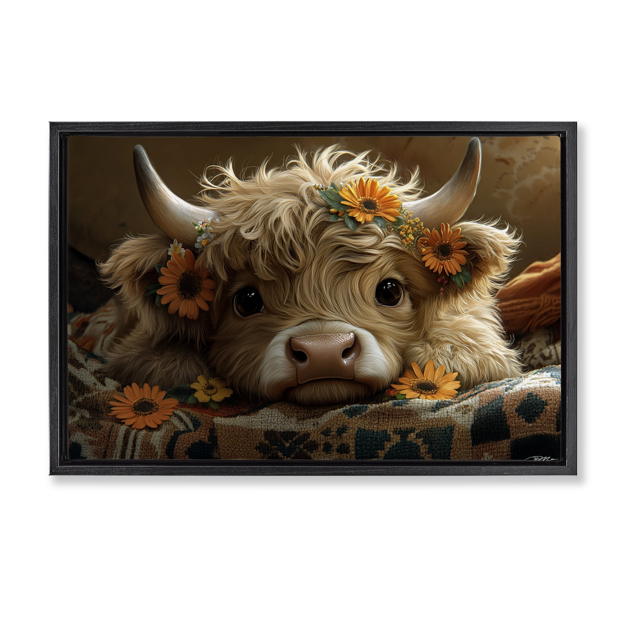 Adorable Flower Bedecked Cattle Black Framed Floater Canvas Wall Art, design by Momart