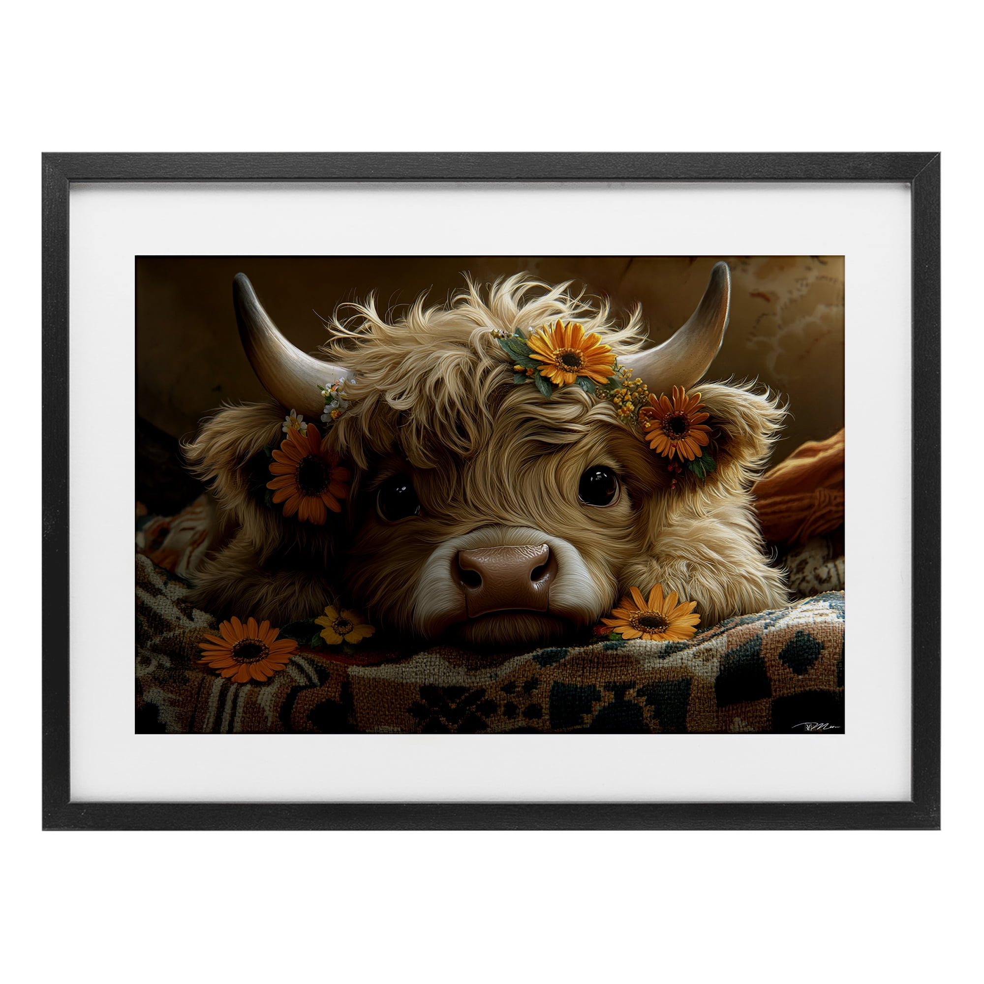 Adorable Flower Bedecked Cattle Black Framed Print Under Glass, design by Momart