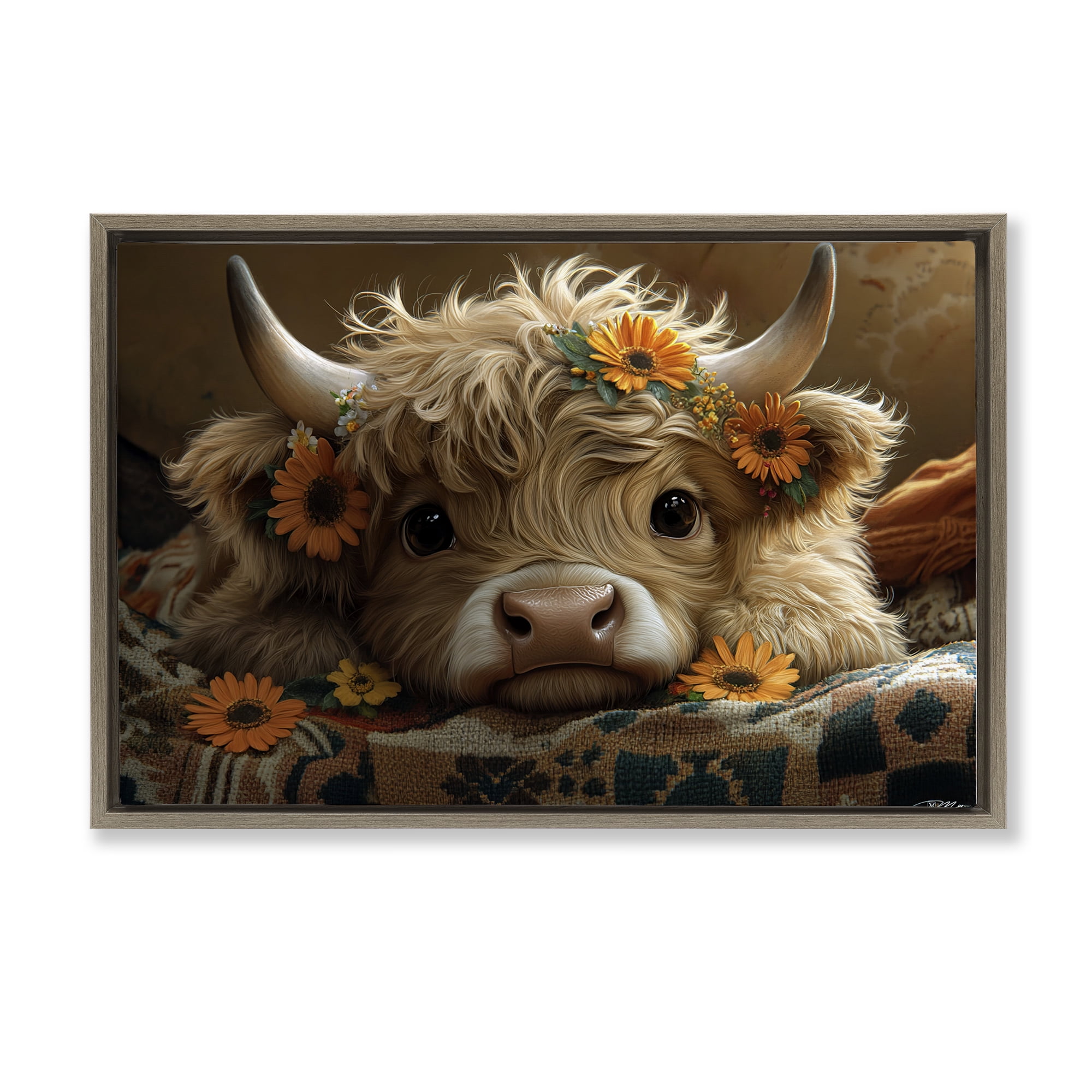 Adorable Flower Bedecked Cattle Brown Framed Floater Canvas Wall Art, design by Momart