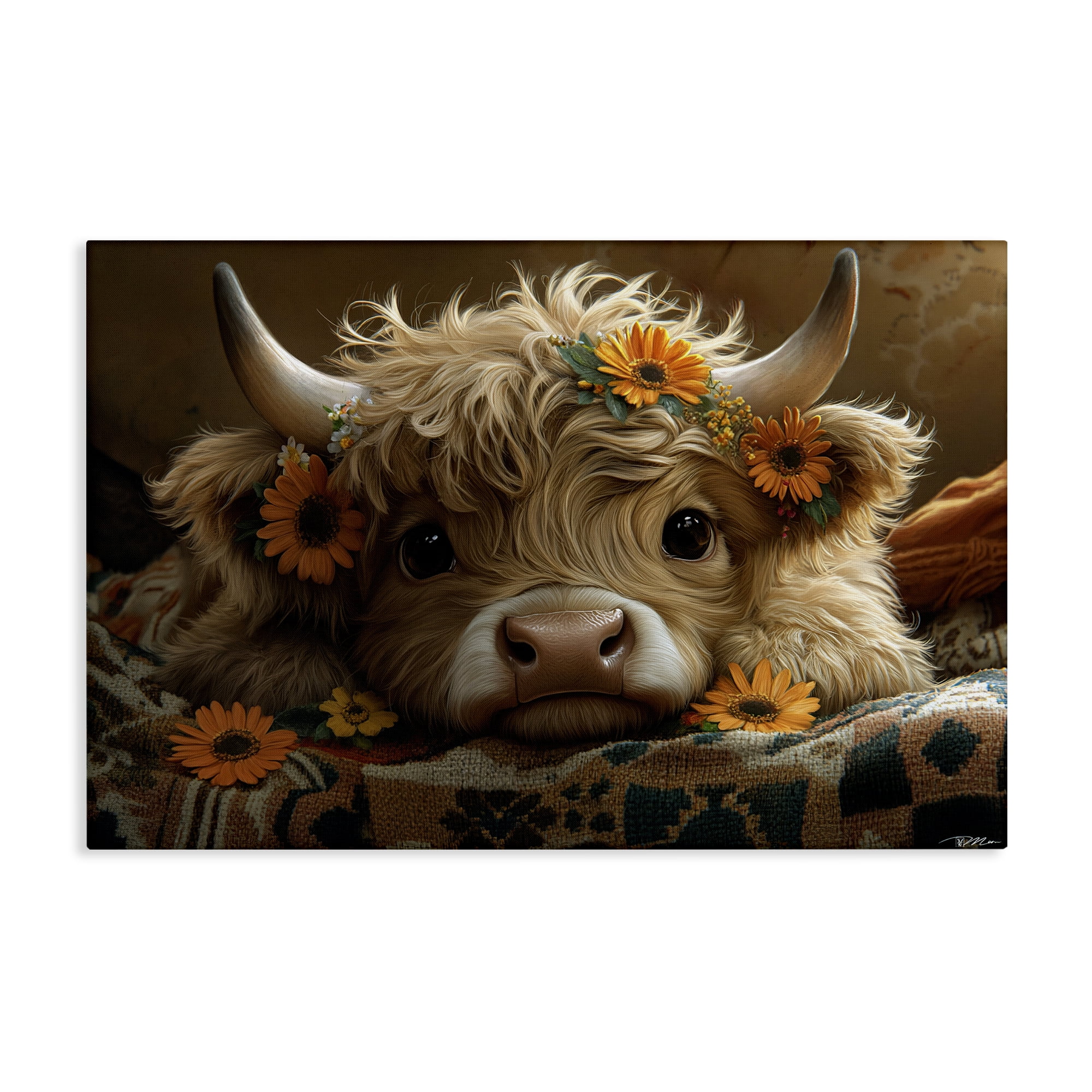 Adorable Flower Bedecked Cattle Canvas Wall Art, design by Momart