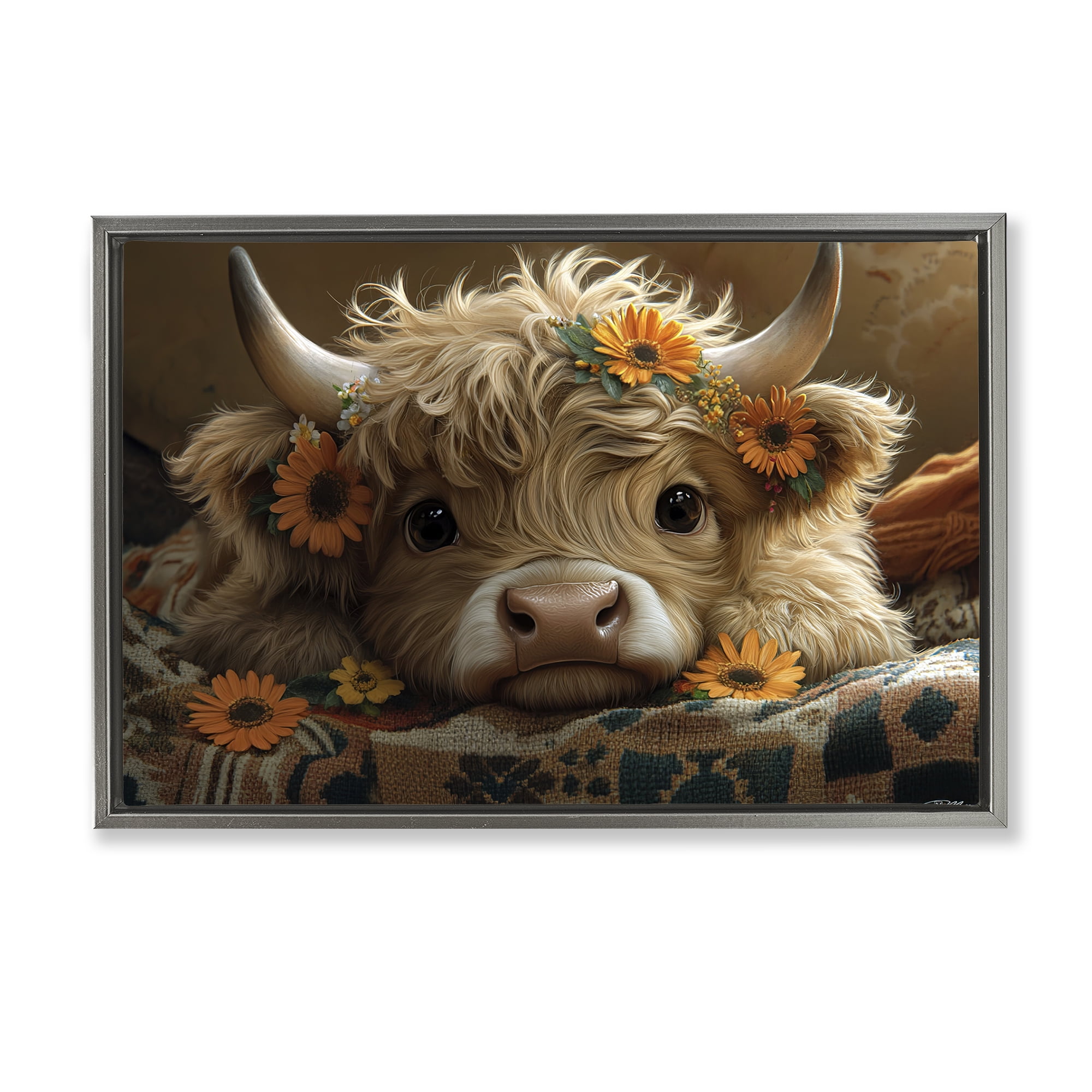 Adorable Flower Bedecked Cattle Gray Framed Floater Canvas Wall Art, design by Momart
