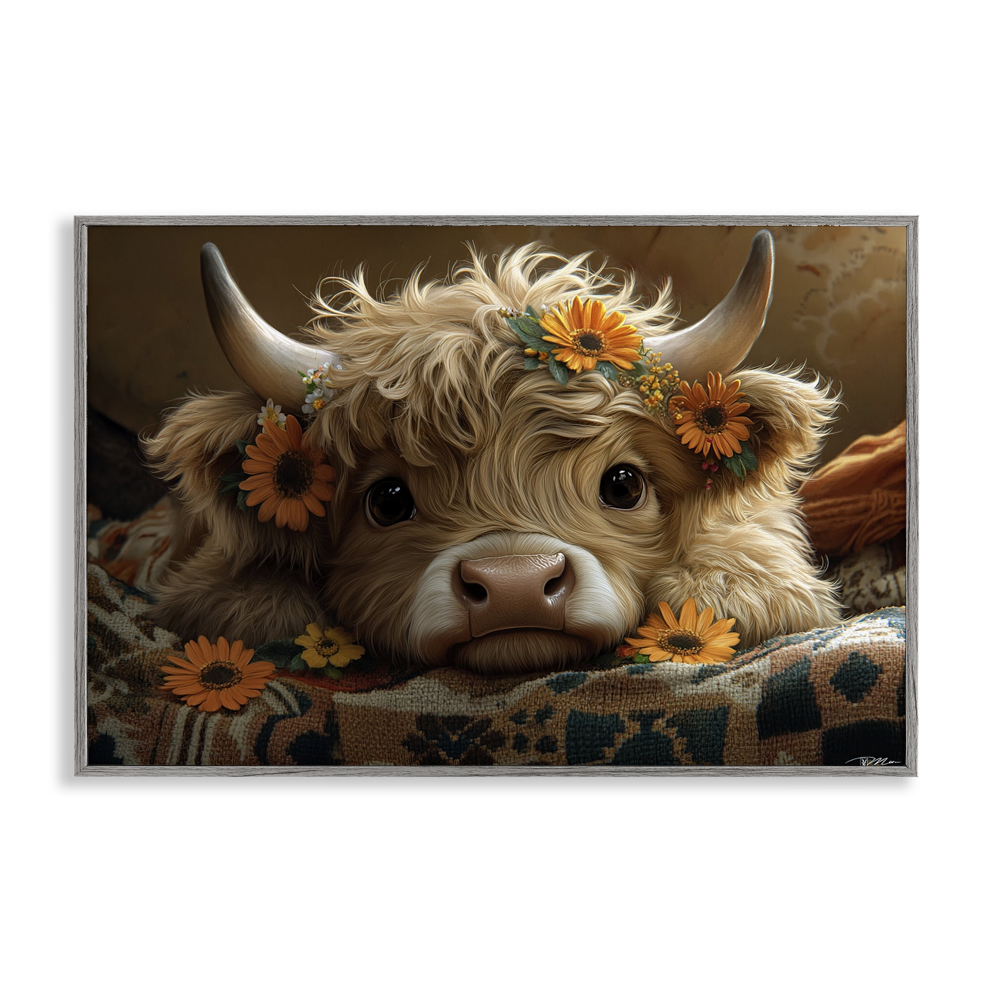Adorable Flower Bedecked Cattle Gray Framed Giclee Art, design by Momart