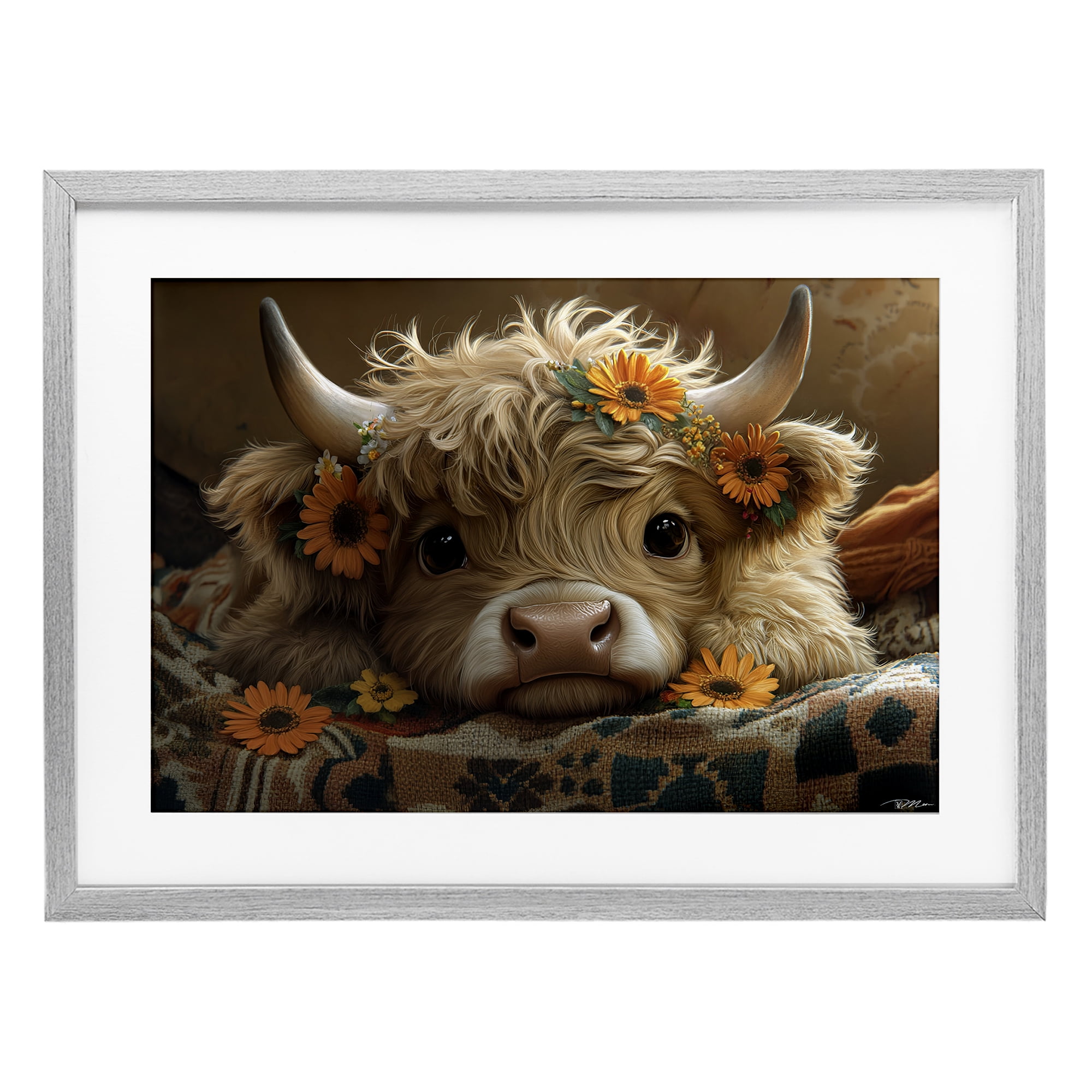 Adorable Flower Bedecked Cattle Gray Framed Print Under Glass, design by Momart