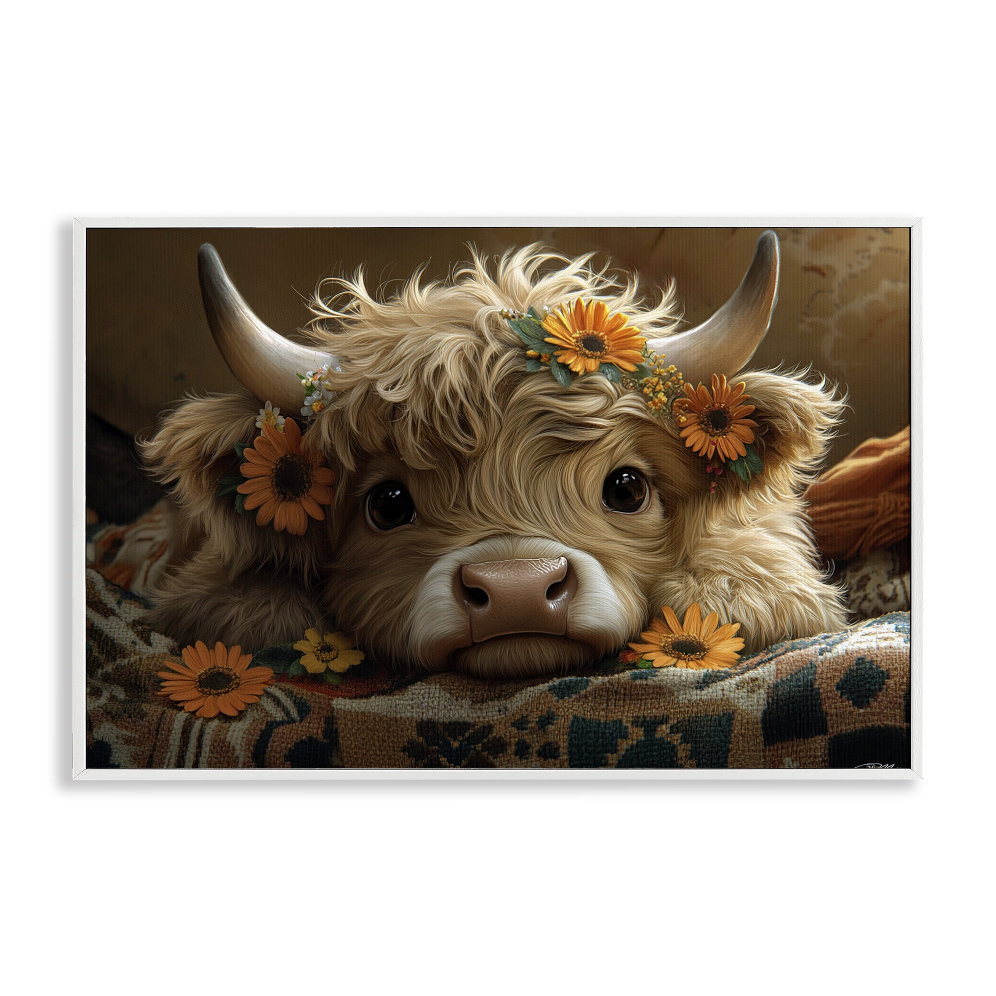Adorable Flower Bedecked Cattle White Framed Giclee Art, design by Momart