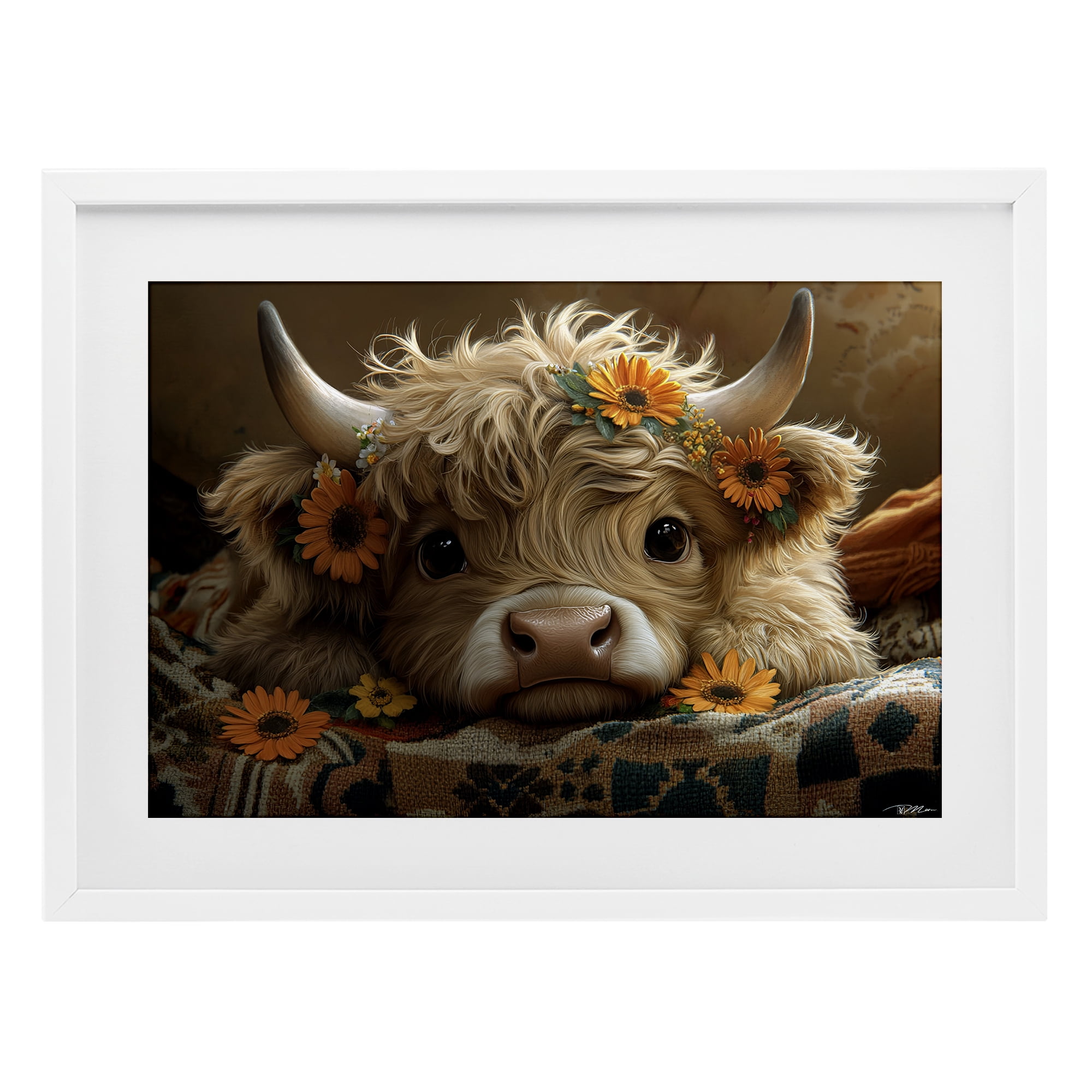 Adorable Flower Bedecked Cattle White Framed Print Under Glass, design by Momart