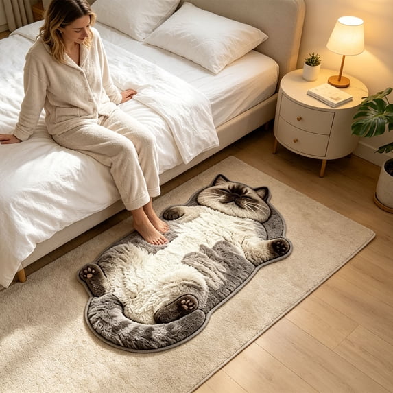 Adorable Fluffy Feline Floor Mat Plush Sleepy Cat Shaped Rug For Living Room Hallway Doorway Warm Housewarming Present Choice For Cat Moms (60x90cm)