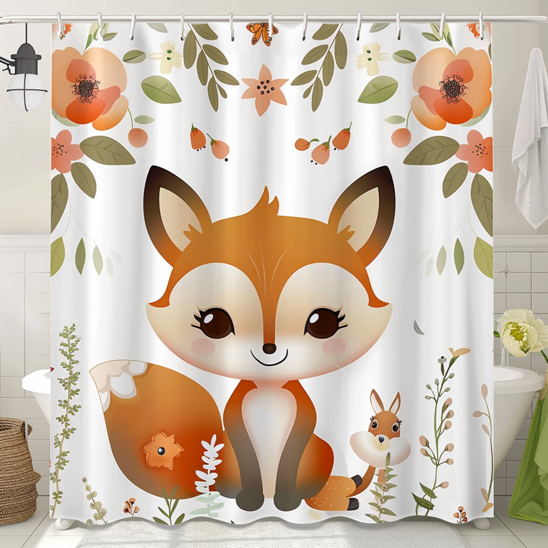 Adorable Forest Friends Shower Curtain for Kids Bathroom Baby Fox and