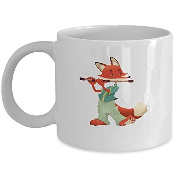 Adorable Fox 11 oz Coffee Mug - Flute Playing Design White Ceramic Gift