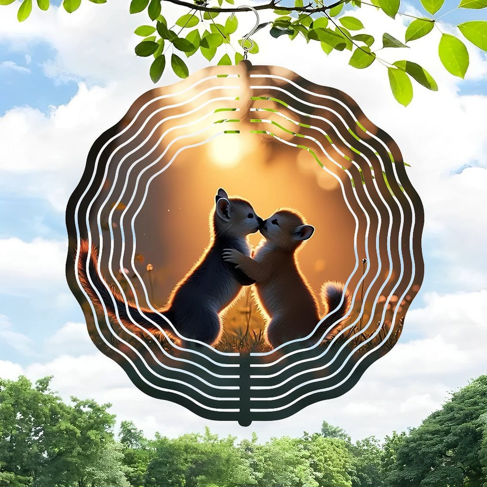 Adorable Fox & Rabbit Embrace Metal Wind Spinner - Spiral Pattern ...