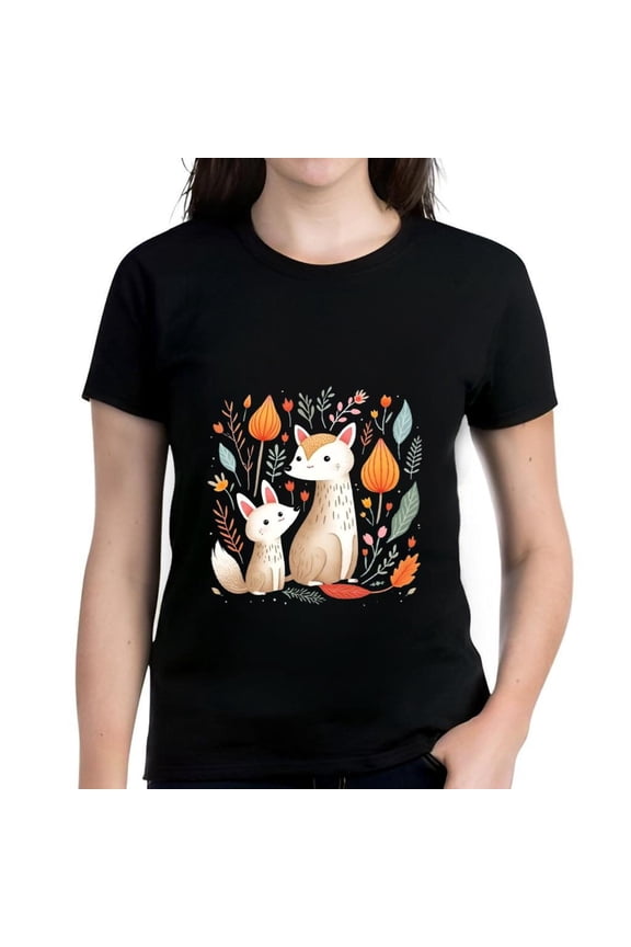 Adorable Foxes & Colorful Floral Pattern Women's Cotton Short Sleeve T-Shirt - Playful Nature-Inspired Design