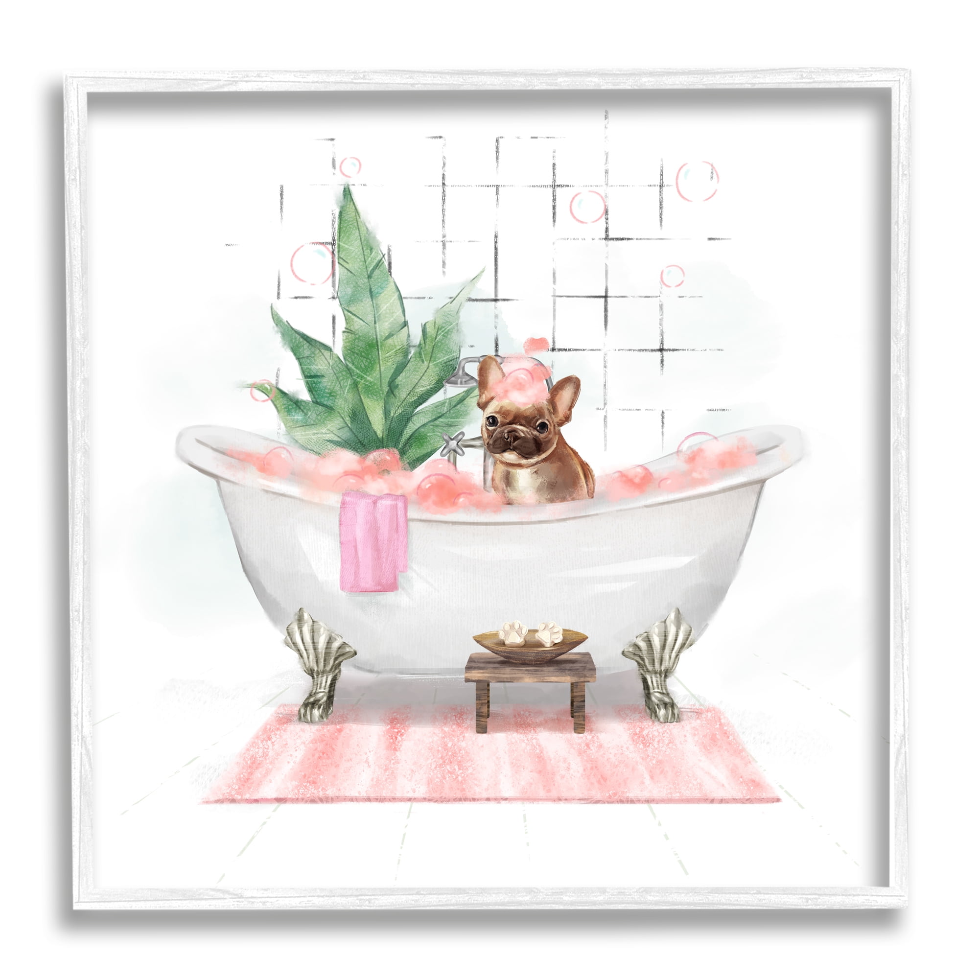 Adorable French Bulldog in Pink Bubble Bath Animals & Insects Framed Art Print Wall Art, 17x17