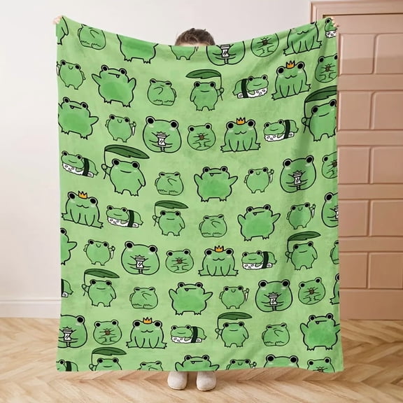 Adorable Frog Blanket Soft Frog Print Flannel Throw Blanket Light Green with Cartoon Frogs in Hats and Outfits Machine Washable Fabric for Sofa Bed AC and Camping Playful Design Frog Blanket