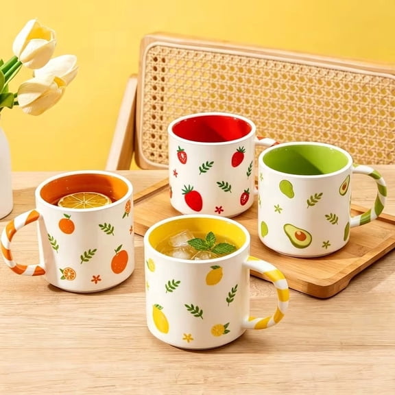 Adorable Fruit Series 12oz Ceramic Mug Playful Lemon Strawberry Avocado Orange Designs Comfortable Striped Handle Coffee Tea Juice Milk