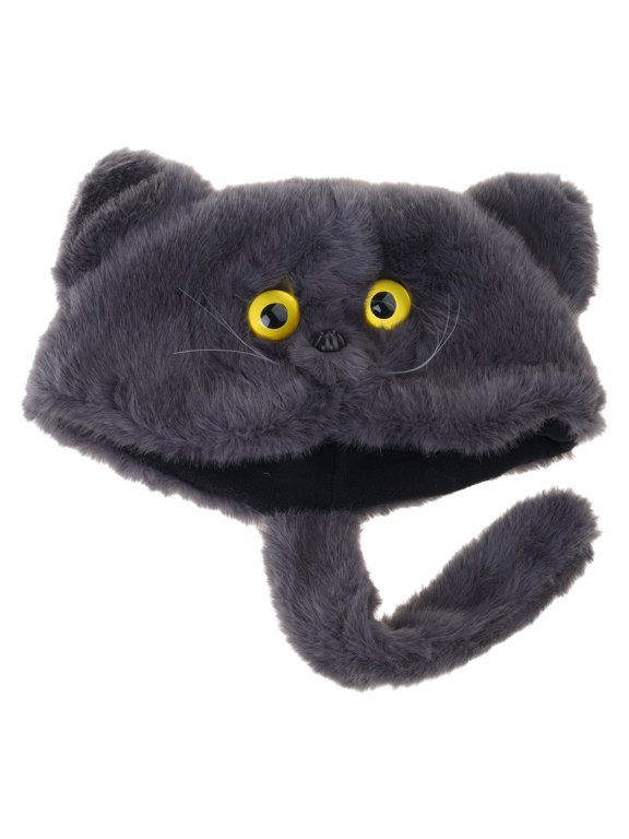 Adorable Furry Cats Ear Caps With Tails Decors Soft Fleece Winter Hat For Women Girls Cold Weather Accessories