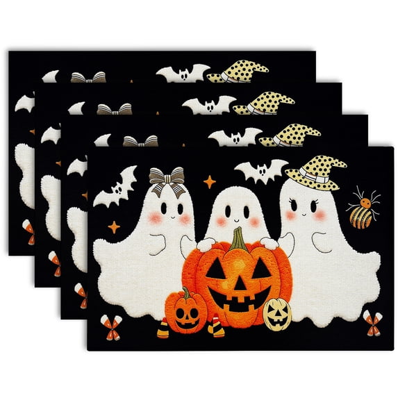 Adorable Ghost Pumpkin Halloween Placemats Set of 4 Fabric Dining Table ...