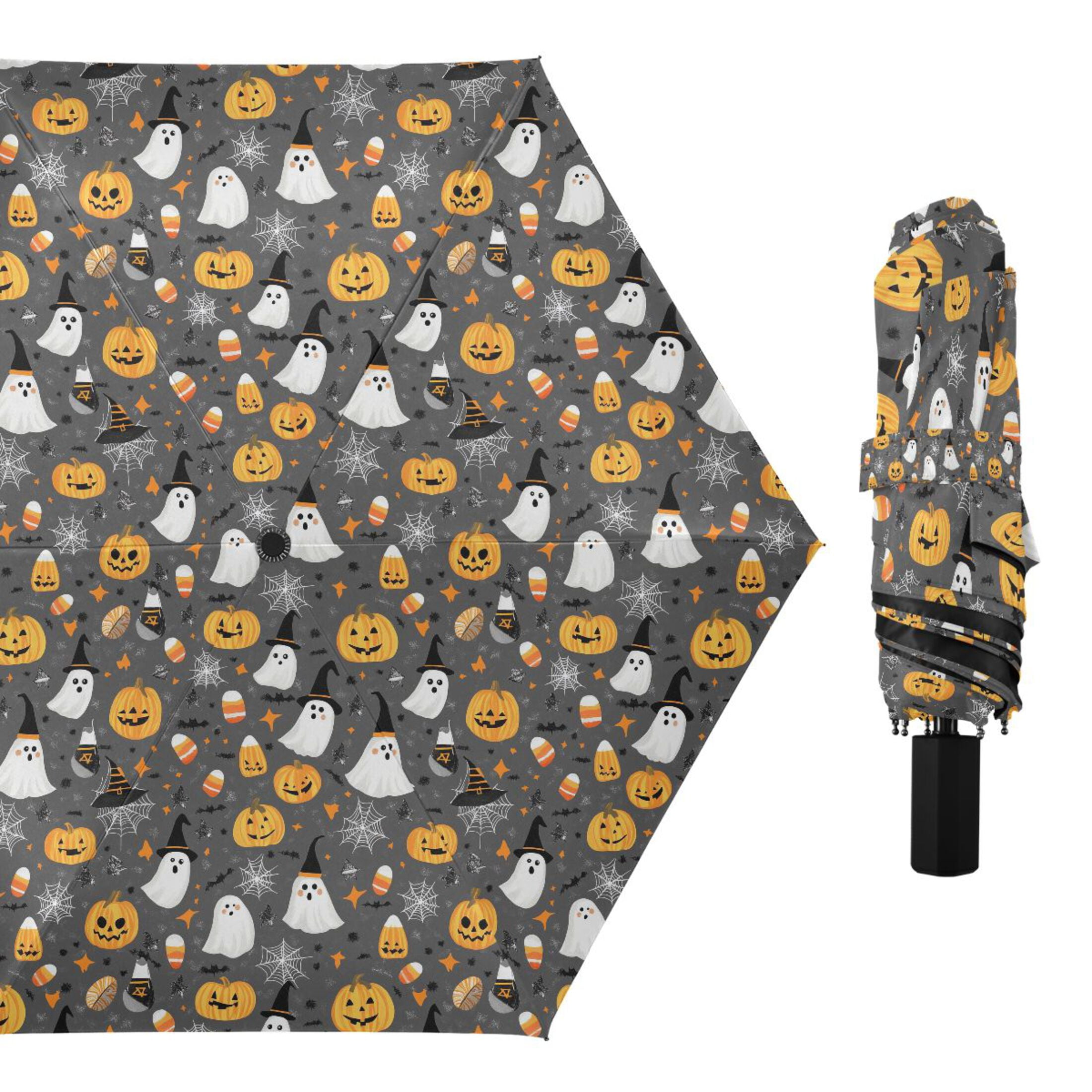 Adorable Ghost Pumpkin Spiderweb Compact Sun Umbrella Windproof Travel Umbrellas for Rain Strong Portable UV Protection
