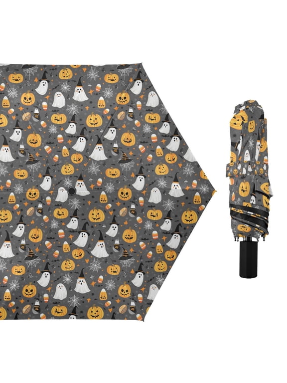 Adorable Ghost Pumpkin Spiderweb Compact Sun Umbrella Windproof Travel Umbrellas for Rain Strong Portable UV Protection