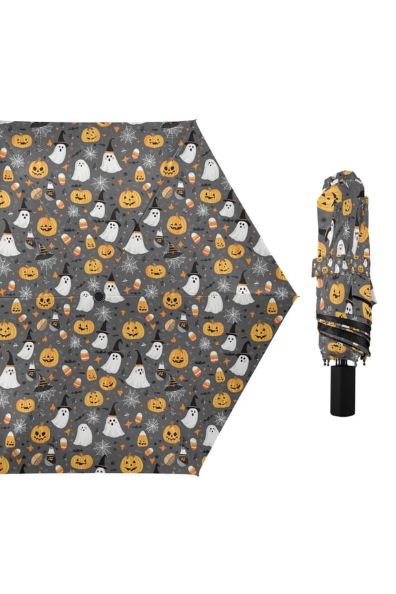 Adorable Ghost Pumpkin Spiderweb Compact Sun Umbrella Windproof Travel Umbrellas for Rain Strong Portable UV Protection