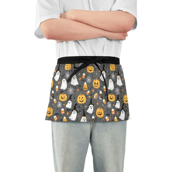 Adorable Ghost Pumpkin Spiderweb Server Apron with 3 Pockets Waterproof Waitress Waist Short Apron for Man Woman 12 Inches