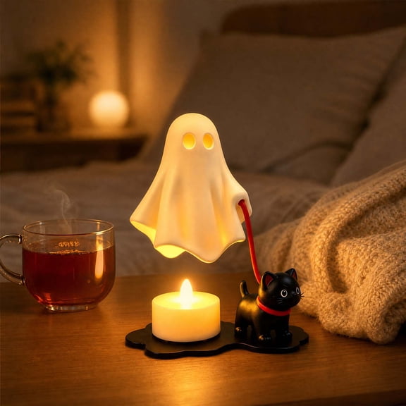 Adorable Ghost Walking Cat Figurine Lamp, Halloween 3D Printed Resin Ornament, Warm LED Candle Warmer, Gothic Lighted Statue Home Decor for Shelf Desk Gift