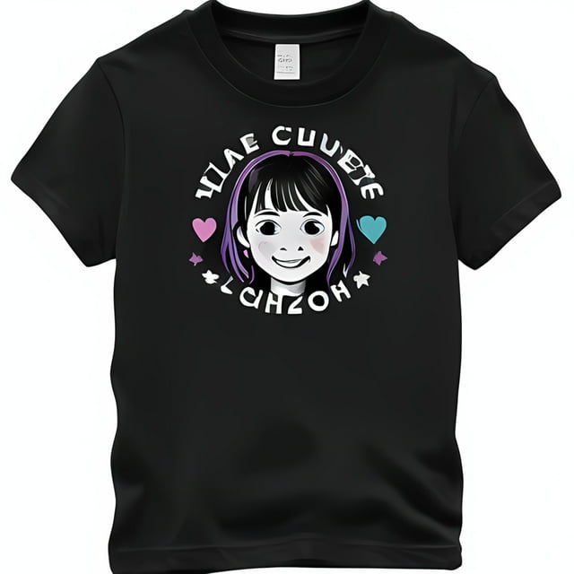 Adorable Girl with Cute Purple Hair TShirt Smiling Face & Hearts