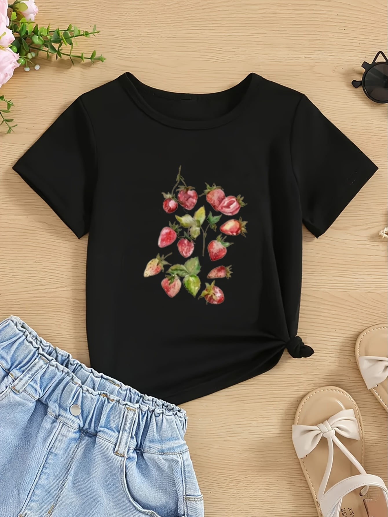 Adorable Girls' Strawberry & Floral Print TShirt Soft Polyester