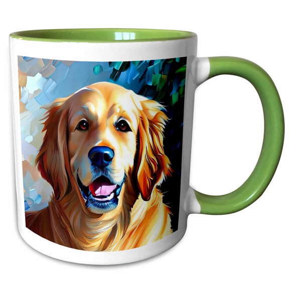 3drose, Adorable Golden Retriever Dog Face. Digital Painting Art Gift, Charm, 11oz Two-tone Green Mug
