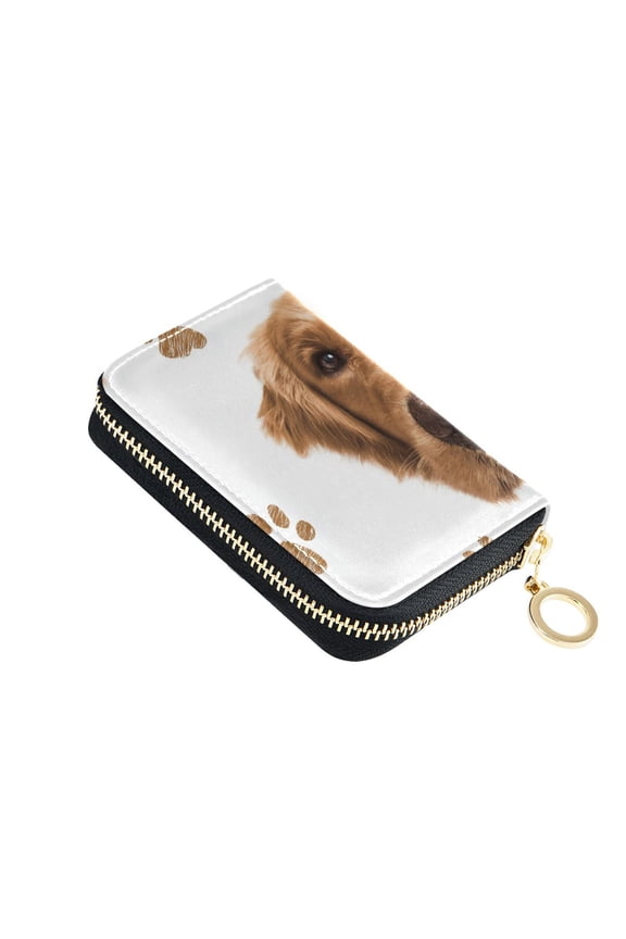 Adorable Golden Retriever Dog Face and Paw Women's Credit Card Holder PU Leather Zipper Wallet RFID Blocking