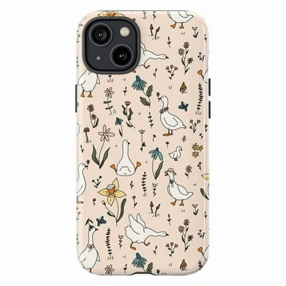 Adorable Goose & Floral Pattern Phone Case, Cute Nature-Inspired Protective Cover for iPhone 16 15 14 13 12 Pro Max Mini