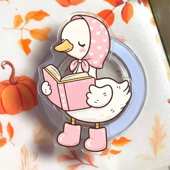 Adorable Goose Reading Book Magnetic Phone Grip  Pink Aesthetic Magnetic Pop Socket Stand