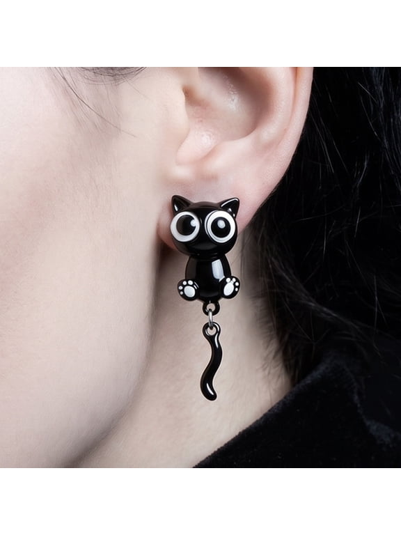 Adorable Gothic Black Cat & Cat Paw Stud Earrings for Women, Cute Dark Style Jewelry, Ideal Accessory & Gift for Halloween Parties and Daily Wear