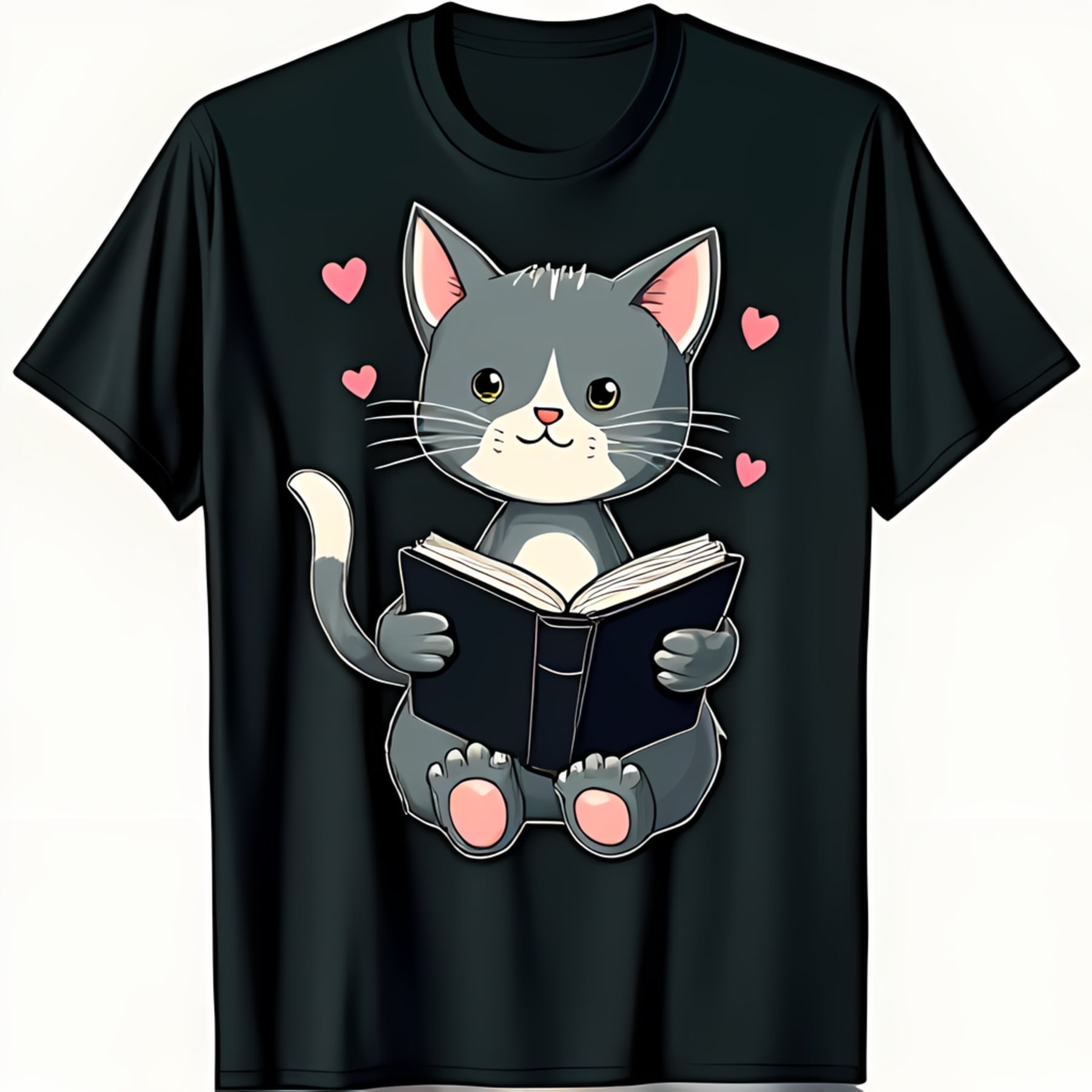 Adorable Gray Cat with Book Graphic T-Shirt for Cat Lovers 