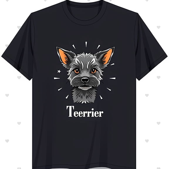 Adorable Grey & White Terrier Dog Black T-Shirt with Star & Hearts
