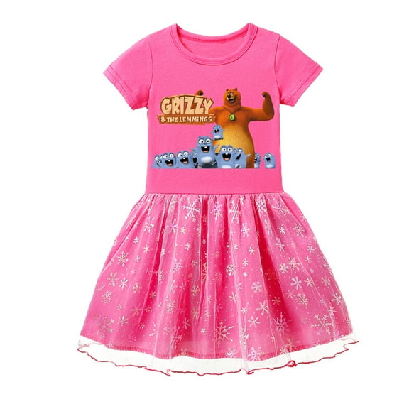 Adorable Grizzly And The Lemmings Summer Dresses for Girls: Short Sleeve, Shiny Cotton with Eye-Catching Graphics
