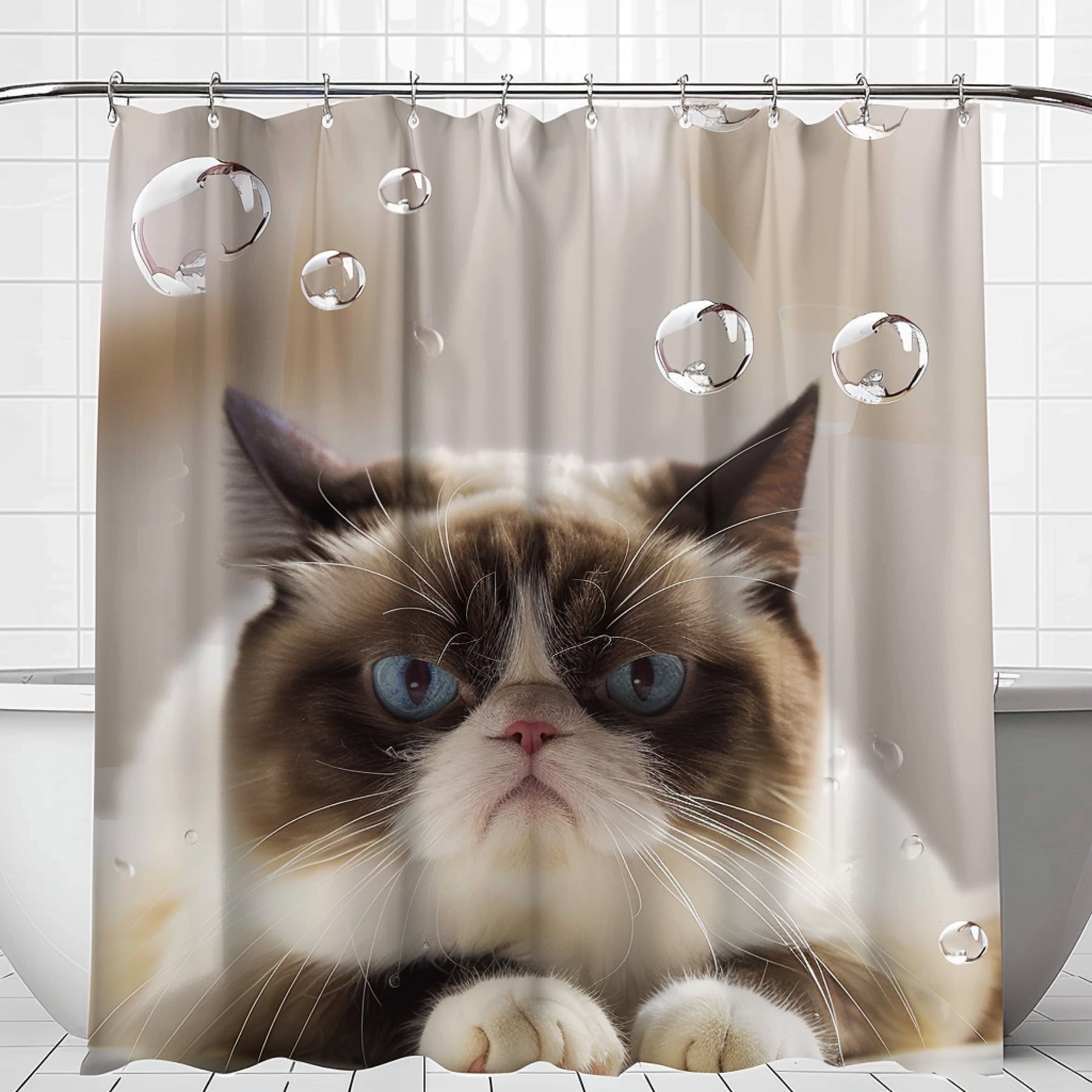 Adorable Grumpy Cat Shower Curtain White and Brown Fur Bathroom Scene Fabric Printing Design