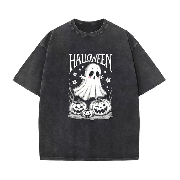 Halloween Adorable Cotton Washed Ghost Pumpkin Text T Shirt Cute Spooky Graphic Tops Black S-2XL Plus Size